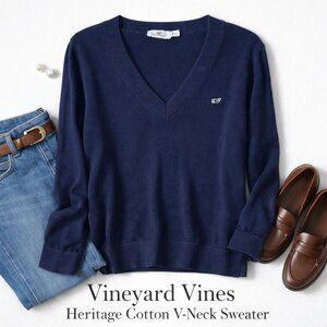 Vineyard Vines Navy Blue Cotton V-Neck Sweater Whale Logo Preppy XL